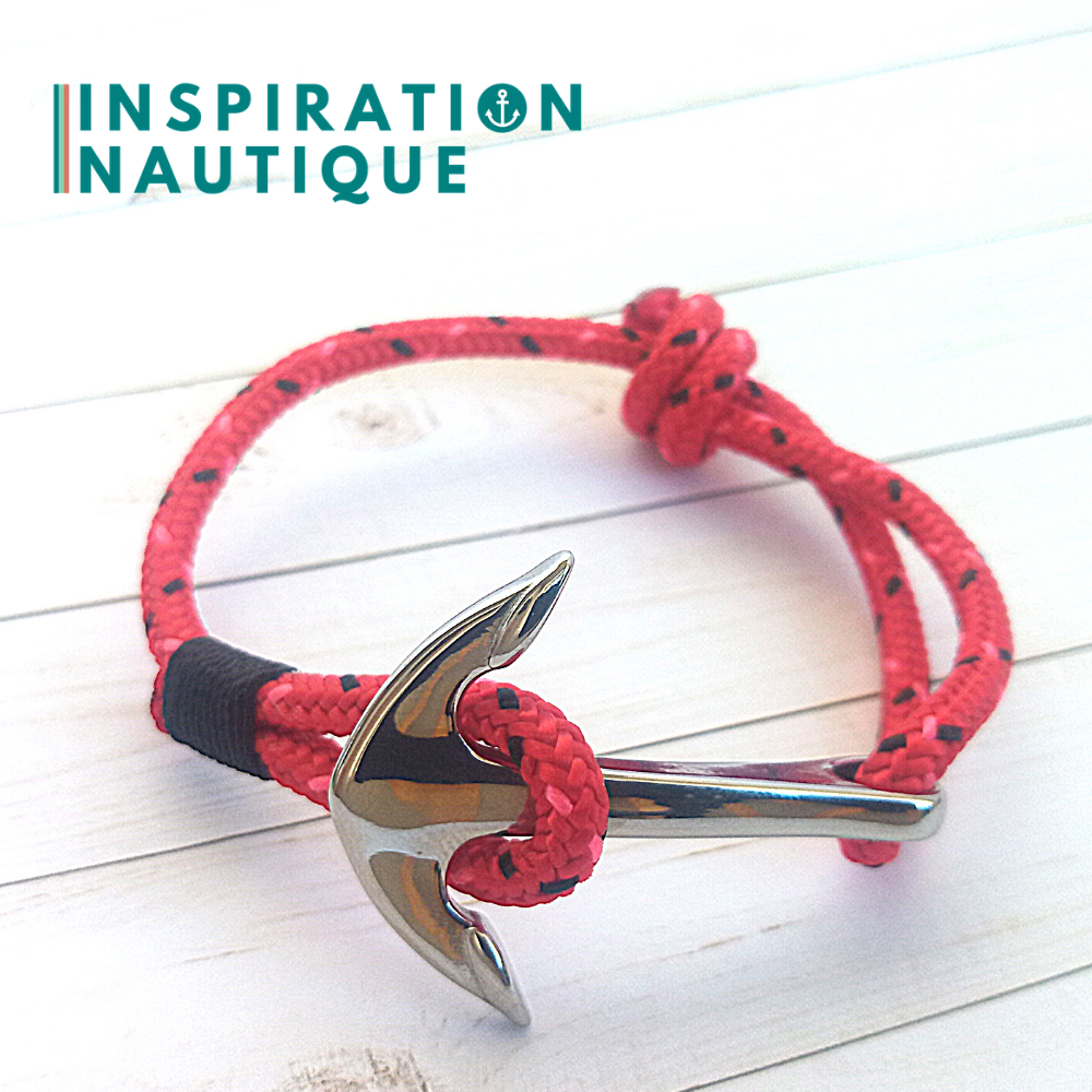 Ready to go | Marine bracelet with anchor for men or women in boat rope and stainless steel, adjustable, Red with black and pink tracers, black binding, Medium