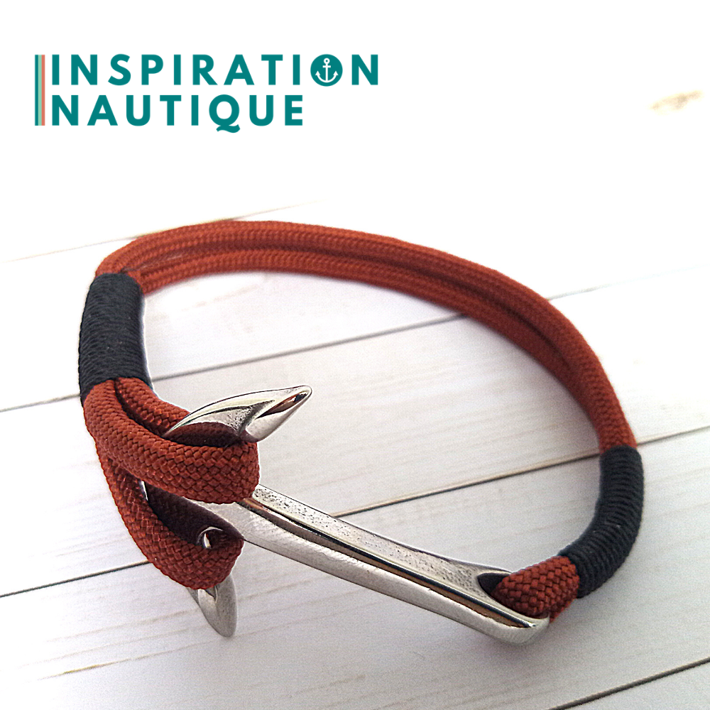 Bracelet marin avec ancre en paracorde 550 et acier inoxydable, Rouille, Surliure noire, Medium
