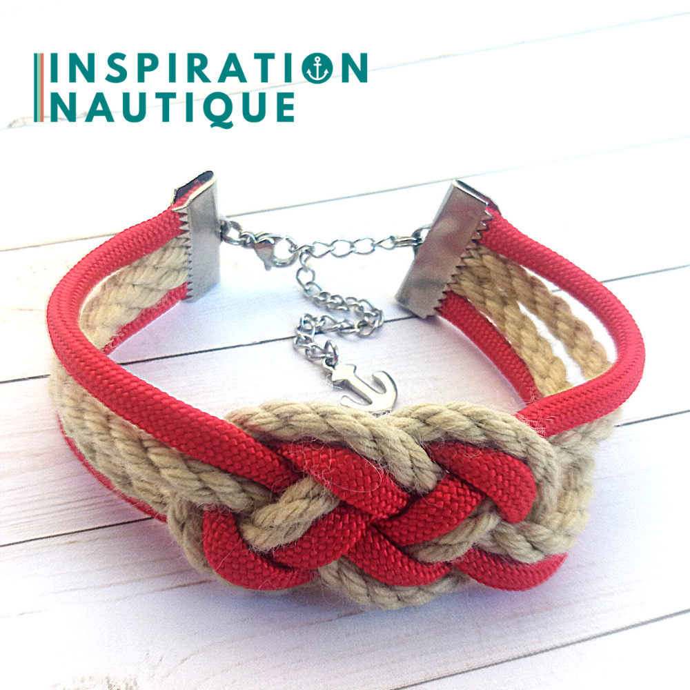 Bracelet marin avec noeud de carrick double, en paracorde 550, cordage de bateau authentique, paracorde et acier inoxydable, Rouge et naturel, Medium
