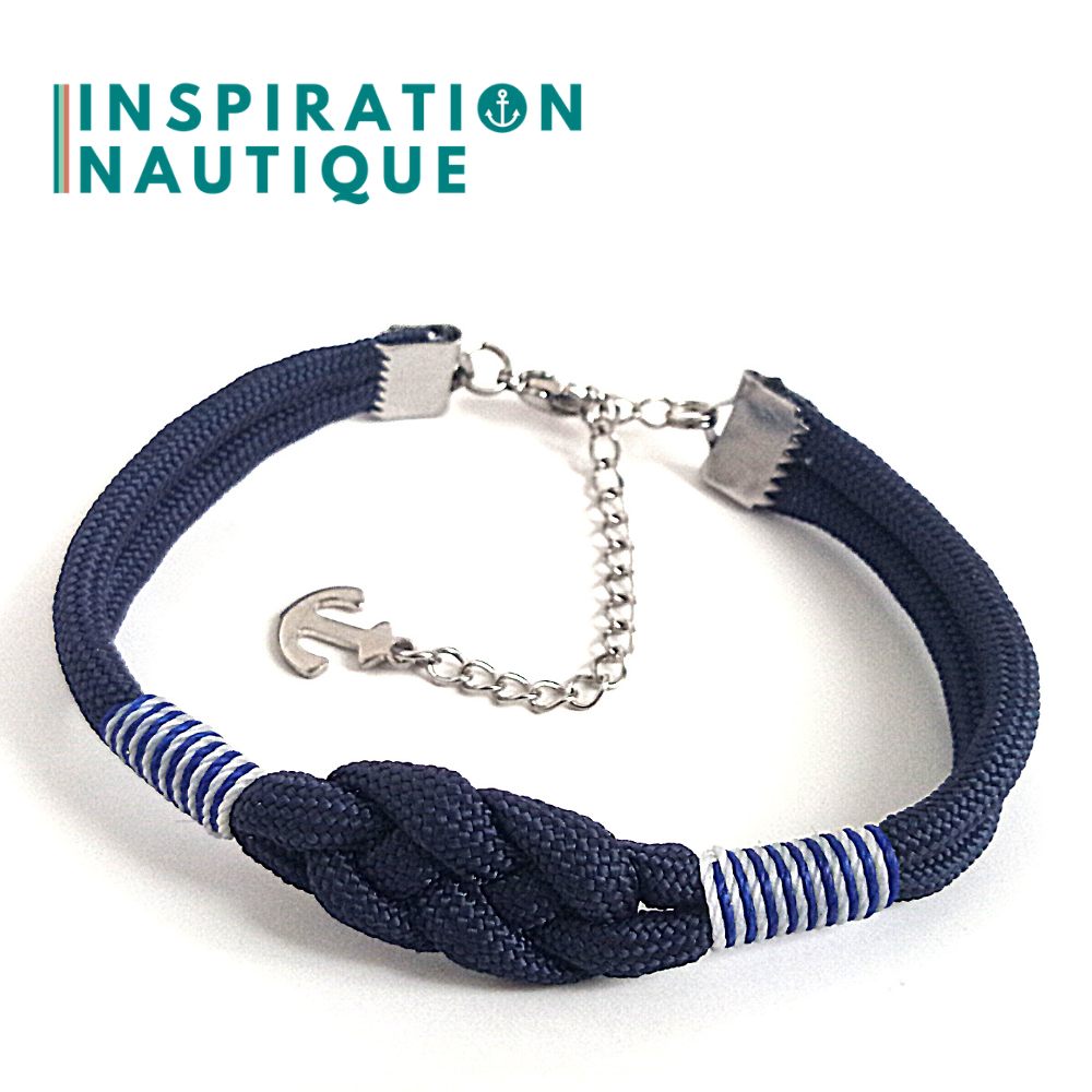 Bracelet marin avec noeud de carrick simple, en paracorde 550 et acier inoxydable, Marine, surliure Marine et blanche, Small