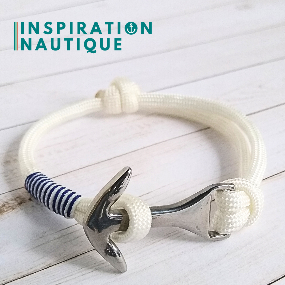 Bracelet marin avec ancre moyenne en paracorde 550 et acier inoxydable, ajustable, Blanc, surliure marine et blanche, Medium
