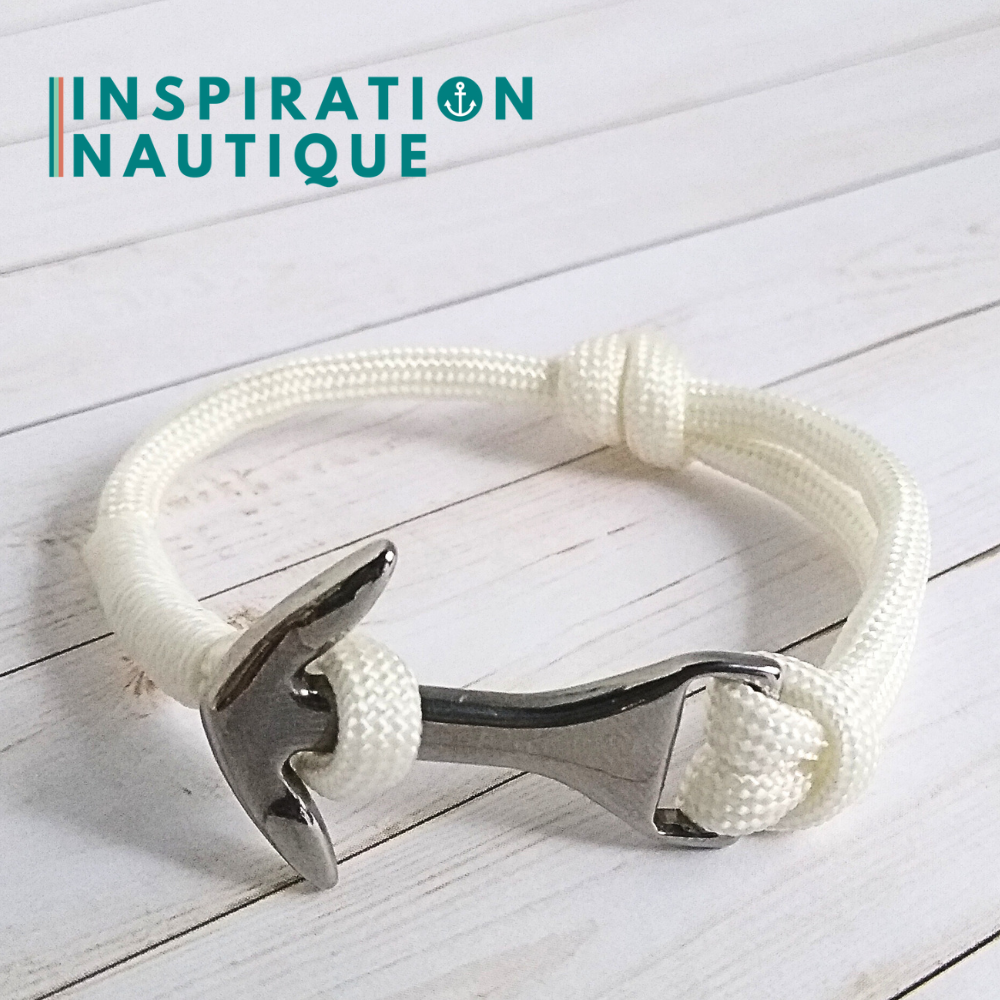 Bracelet marin avec ancre moyenne en paracorde 550 et acier inoxydable, ajustable, Blanc, surliure blanche, Medium