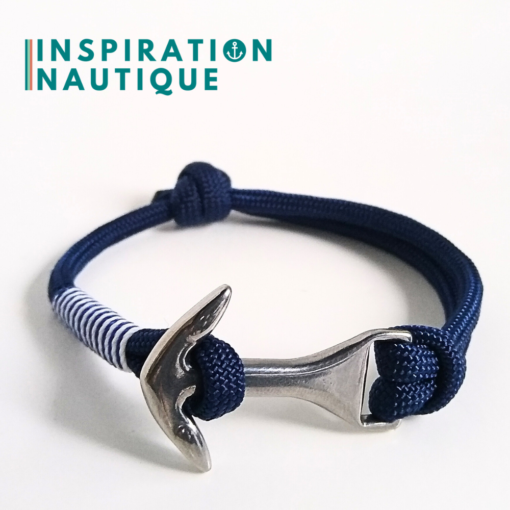 Bracelet marin avec ancre moyenne en paracorde 550 et acier inoxydable, ajustable, Marine, surliure marine et blanche, Medium