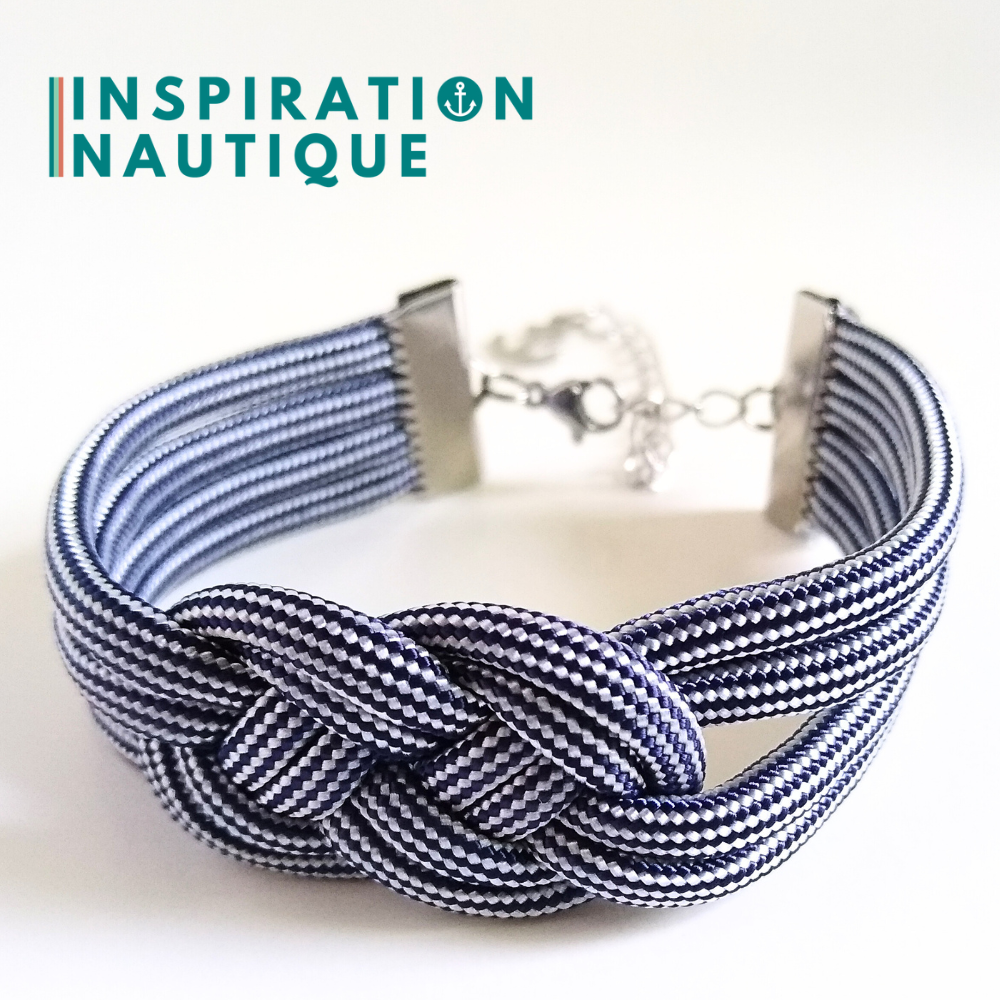 Bracelet marin avec noeud de carrick double unisexe, en paracorde 550 et acier inoxydable, Marine et blanc ligné, Medium