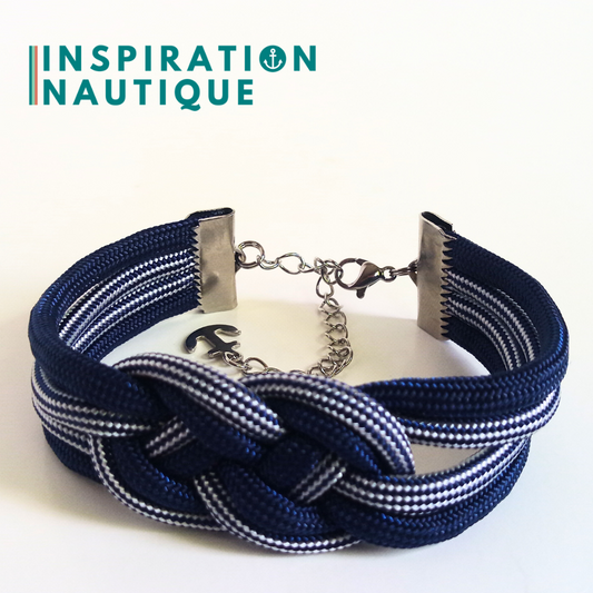 Bracelet marin avec noeud de carrick double unisexe, en paracorde 550 et acier inoxydable, marine et blanc ligné, et marine, Medium