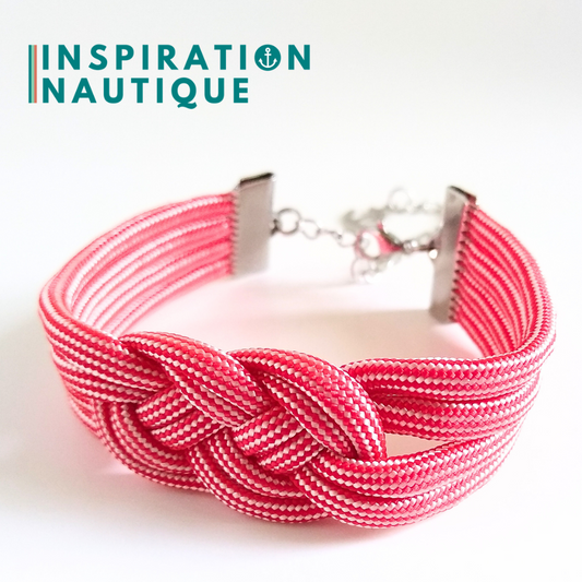 Bracelet marin avec noeud de carrick double unisexe, en paracorde 550 et acier inoxydable, Rouge et blanc ligné, Medium