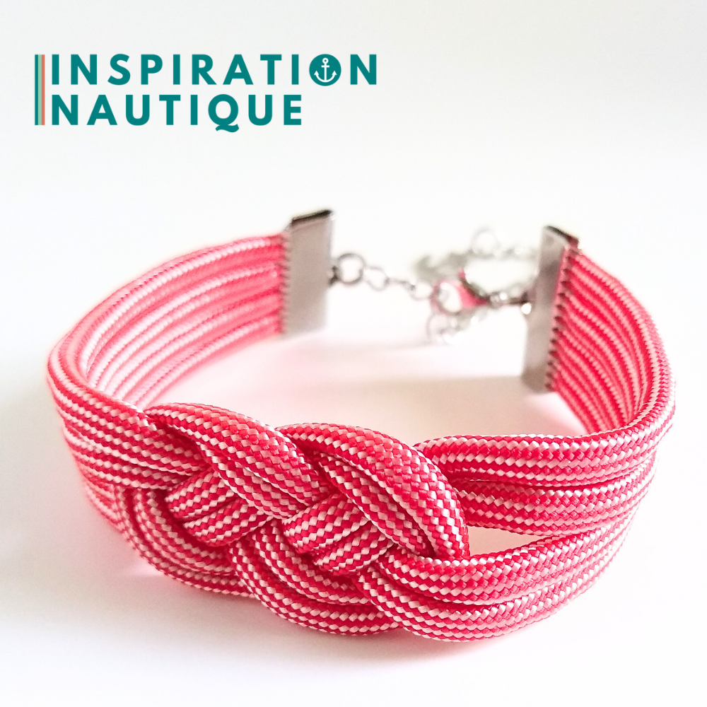 Bracelet marin avec noeud de carrick double unisexe, en paracorde 550 et acier inoxydable, Rouge et blanc ligné