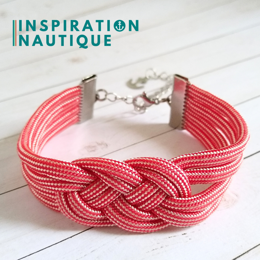 Bracelet marin avec noeud de carrick double unisexe, en paracorde 550 et acier inoxydable, Rouge et blanc ligné
