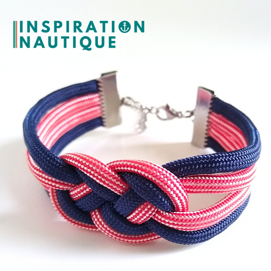 Bracelet marin avec noeud de carrick double unisexe, en paracorde 550 et acier inoxydable, Marine et rouge et blanc ligné, Medium