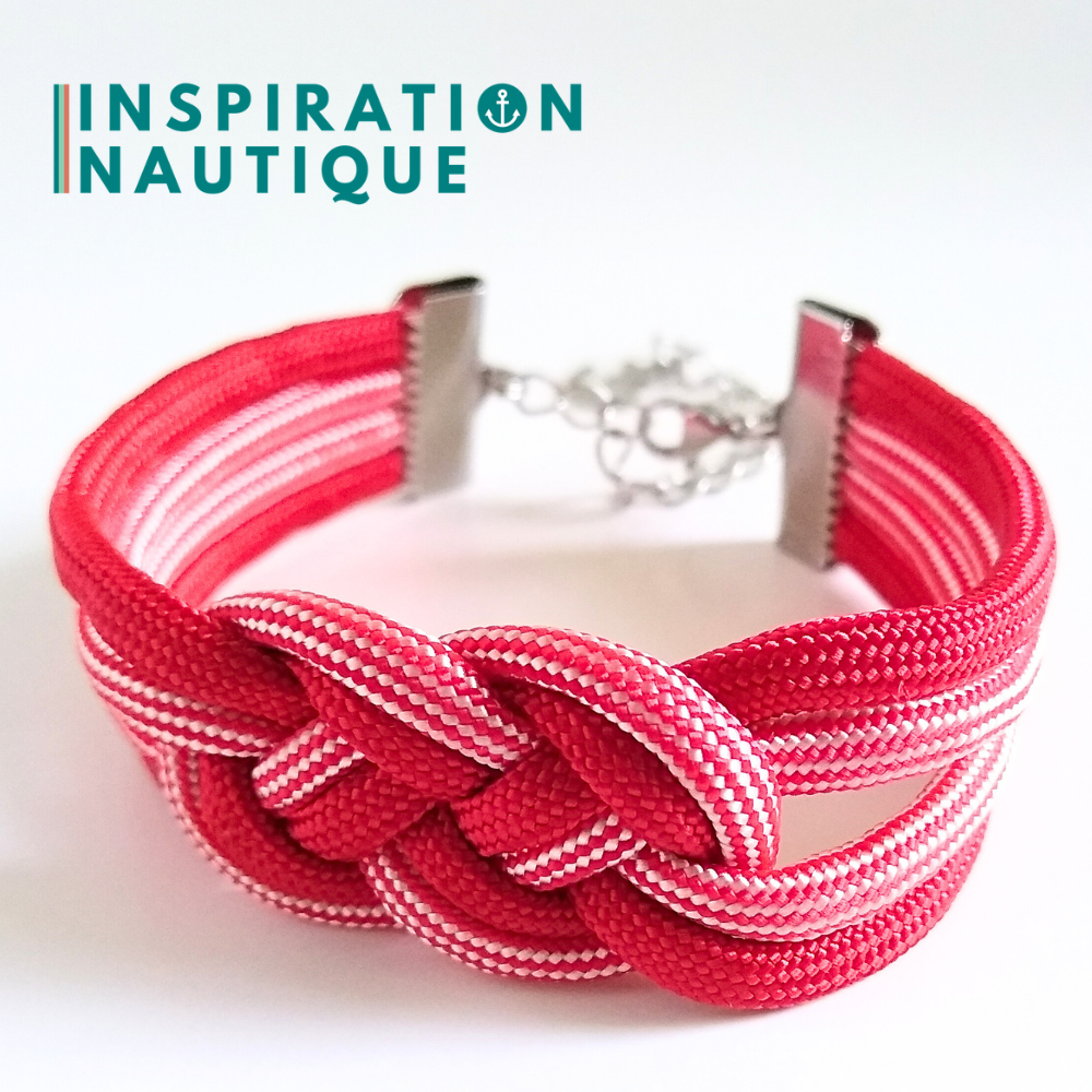 Bracelet marin avec noeud de carrick double unisexe, en paracorde 550 et acier inoxydable, Rouge et rouge et blanc ligné, Medium