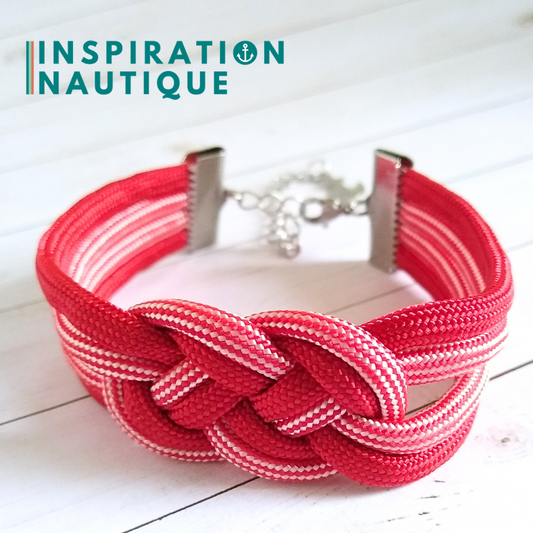 Bracelet marin avec noeud de carrick double unisexe, en paracorde 550 et acier inoxydable, Rouge et rouge et blanc ligné