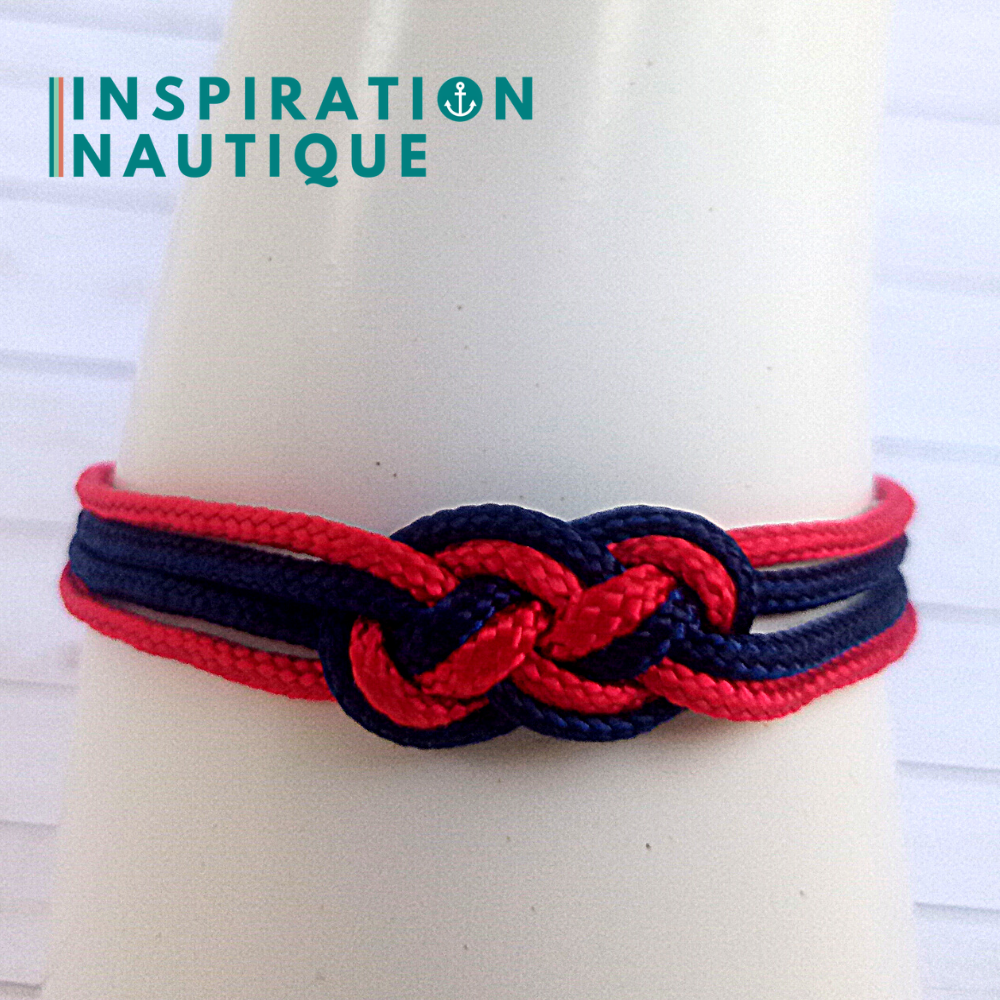 Bracelet marin avec mini noeud de carrick double, en petite paracorde et acier inoxydable, Marine et rouge, Small