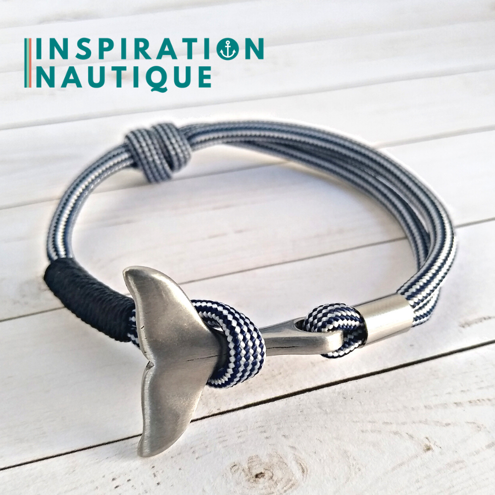 Bracelet marin avec queue de baleine en paracorde 550 et acier inoxydable, ajustable, Marine et blanc ligné, surliure marine, Medium