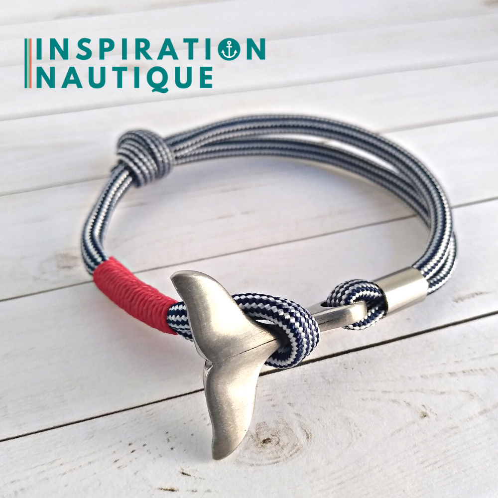 Bracelet marin avec queue de baleine en paracorde 550 et acier inoxydable, ajustable, Marine et blanc ligné, surliure rouge, Medium