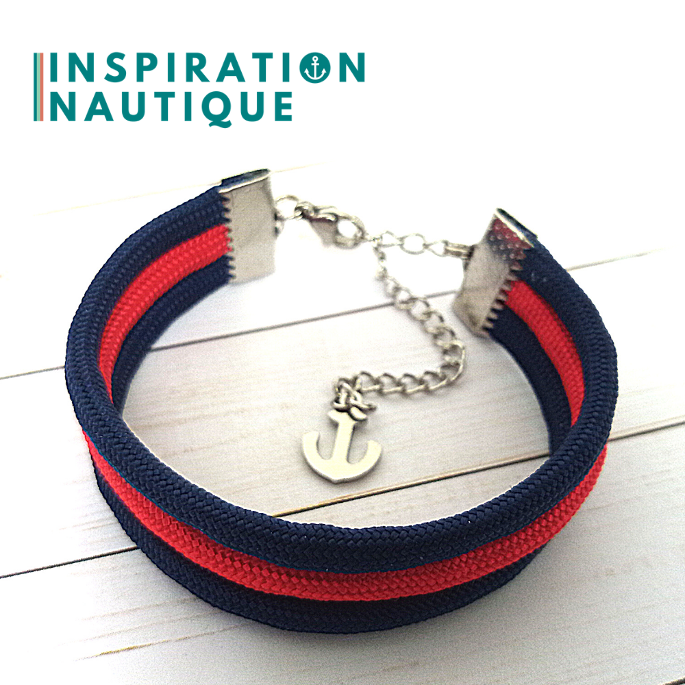 Bracelet marin triple rayures en paracorde 550 et acier inoxydable, Marine et rouge, Medium