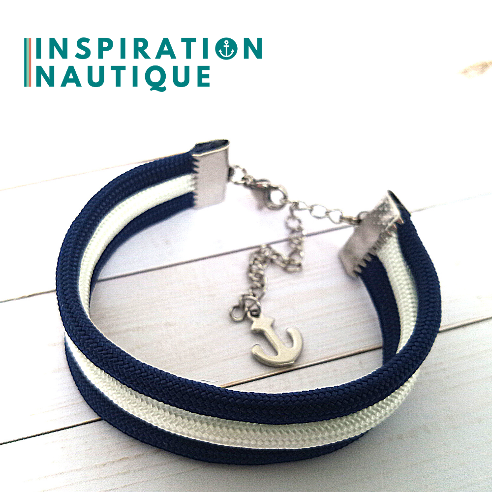 Bracelet marin triple rayures en paracorde 550 et acier inoxydable, Marine et blanc, Medium