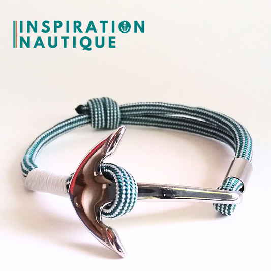 Bracelet marin avec ancre en paracorde 550 et acier inoxydable, ajustable, Sarcelle et blanc, ligné, surliure blanche, Medium