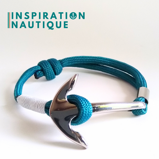 Bracelet marin avec ancre en paracorde 550 et acier inoxydable, ajustable, Sarcelle doux, surliure blanche, Medium