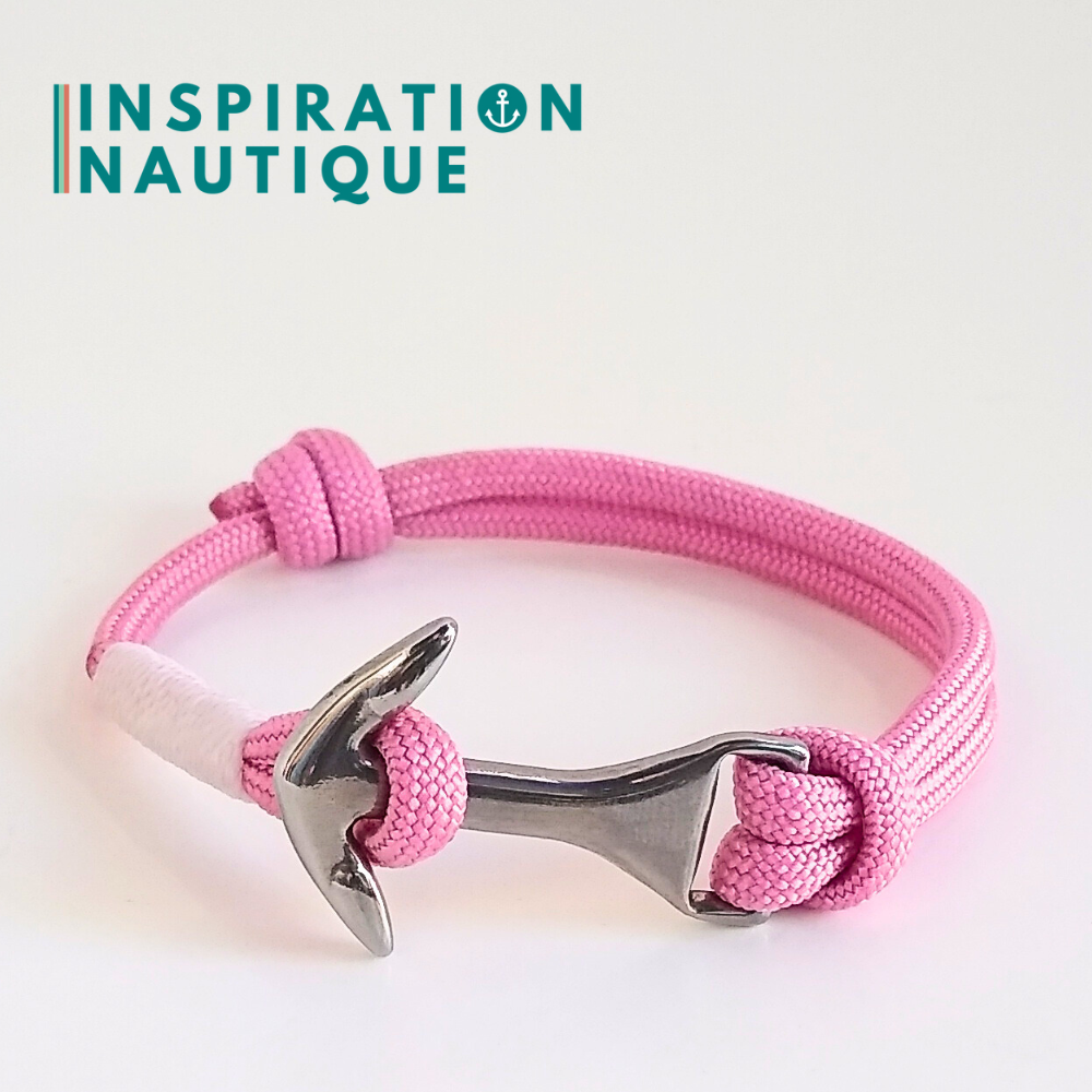 Bracelet marin avec ancre moyenne en paracorde 550 et acier inoxydable, ajustable, Rose lavande, surliure blanche, Medium