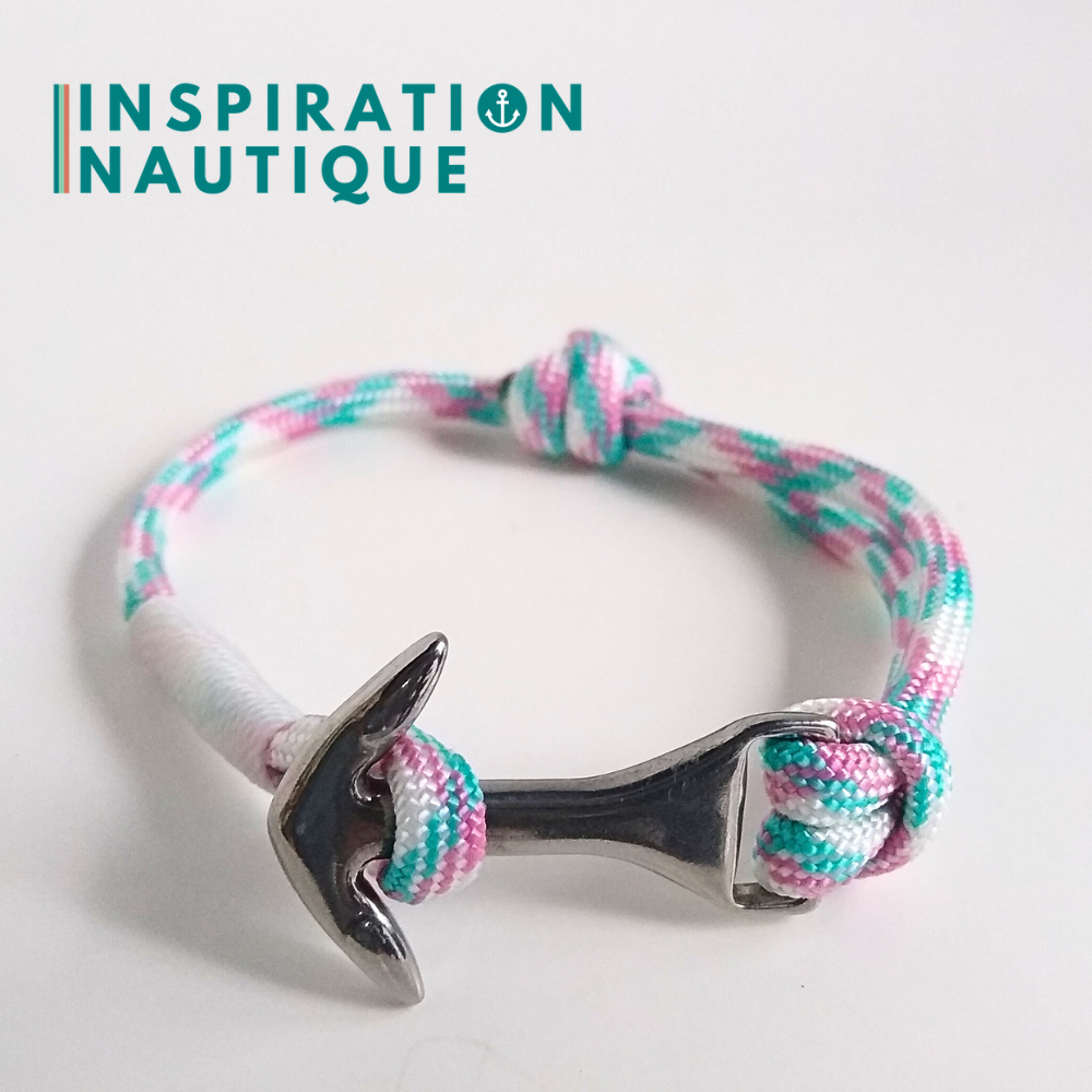 Bracelet marin avec ancre moyenne en paracorde 550 et acier inoxydable, ajustable, Turquoise, rose et blanc, surliure blanche, Medium