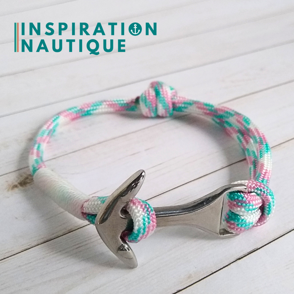 Bracelet marin avec ancre moyenne en paracorde 550 et acier inoxydable, ajustable, Turquoise, rose et blanc, surliure blanche, Medium