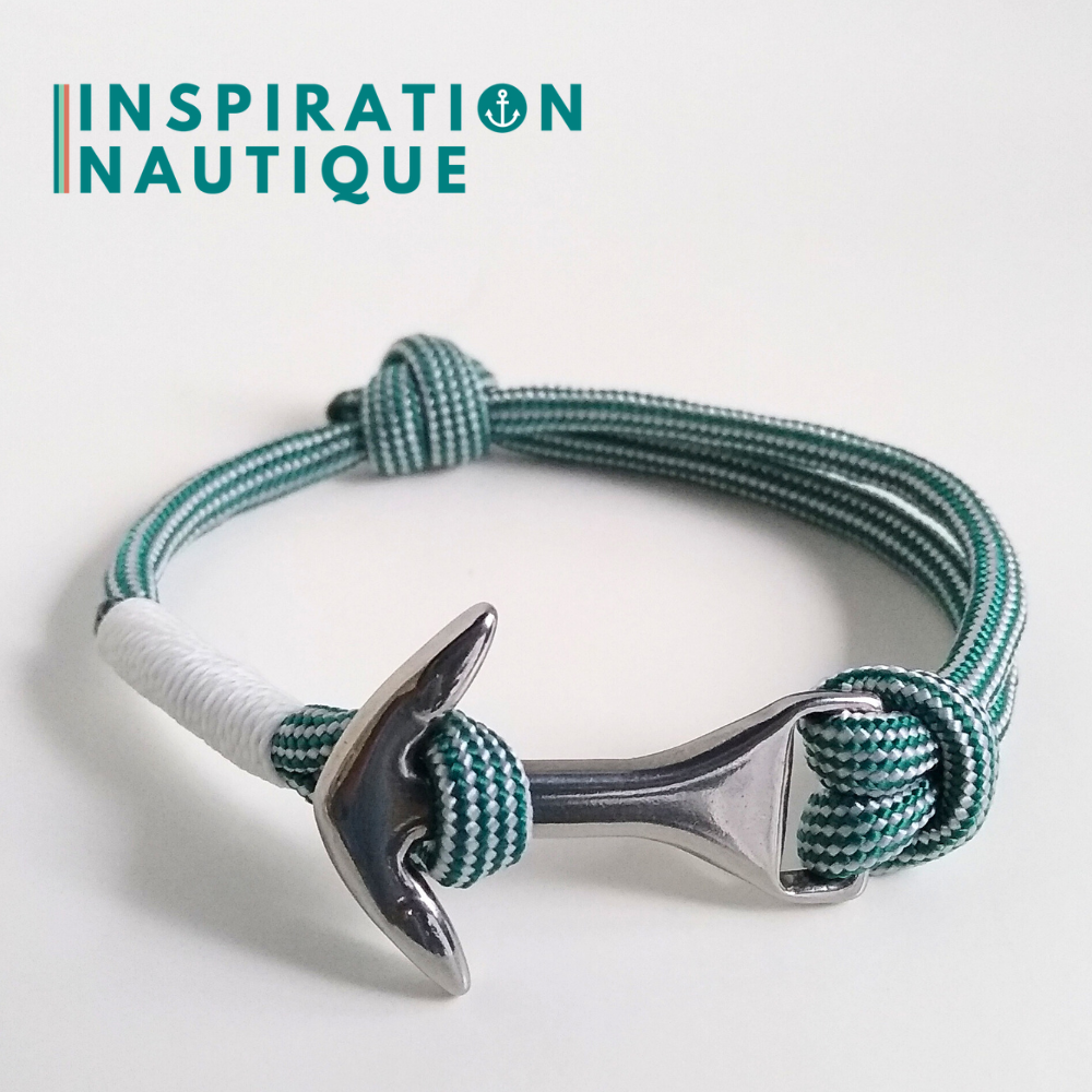 Bracelet marin avec ancre moyenne en paracorde 550 et acier inoxydable, ajustable, Sarcelle et blanc ligné