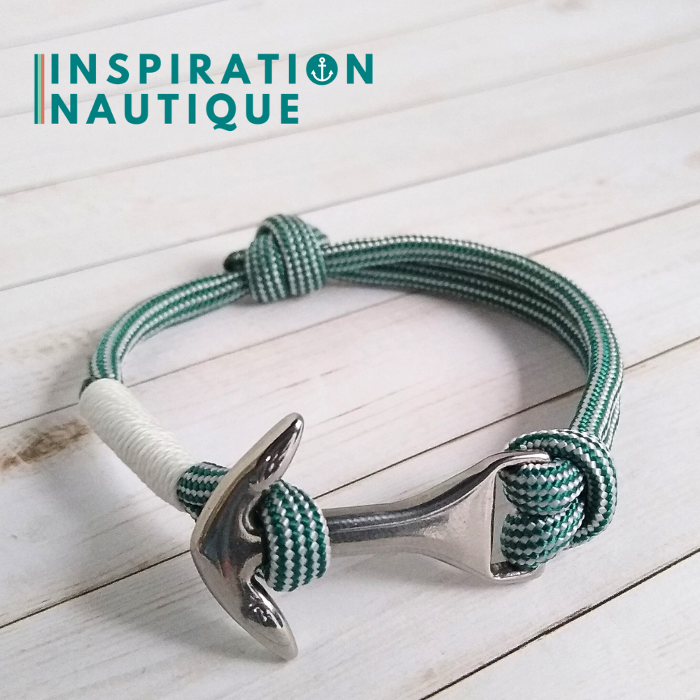 Bracelet marin avec ancre moyenne en paracorde 550 et acier inoxydable, ajustable, Sarcelle et blanc ligné