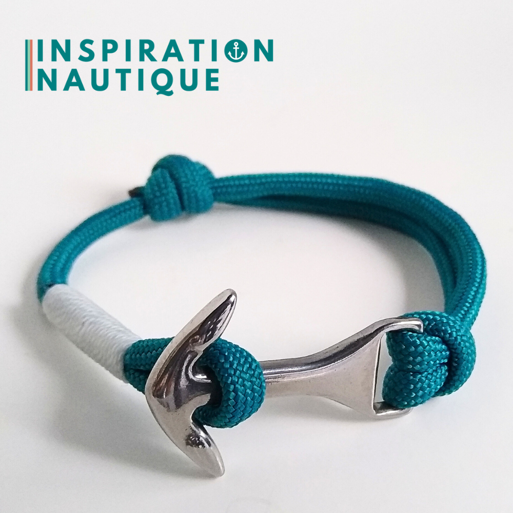 Bracelet marin avec ancre moyenne en paracorde 550 et acier inoxydable, ajustable, Sarcelle doux, surliure blanche, Medium