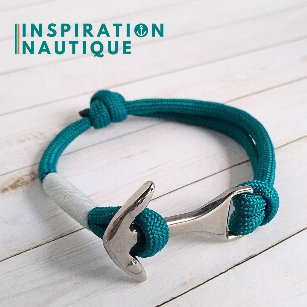 Bracelet marin avec ancre moyenne en paracorde 550 et acier inoxydable, ajustable, Sarcelle doux, surliure blanche, Medium