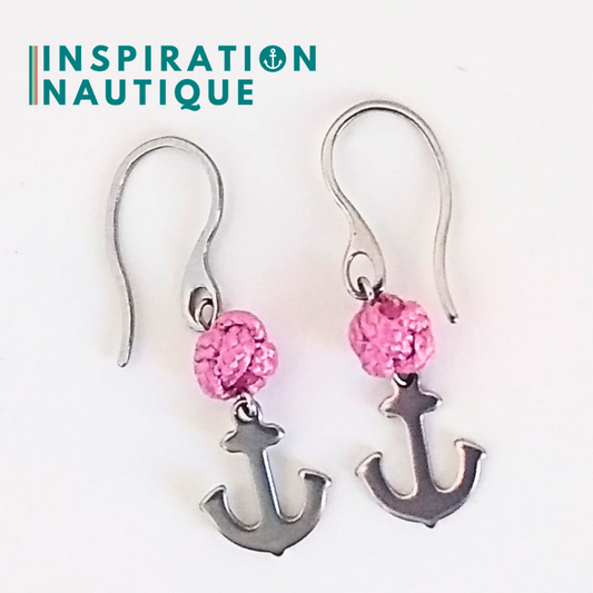 Boucles d'oreilles avec bille en corde et ancre en acier inoxydable, Lavande rose