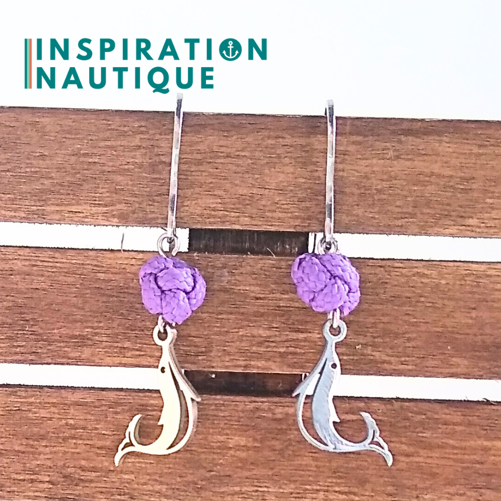 Boucles d'oreilles avec bille en corde et dauphin en acier inoxydable, Lilas