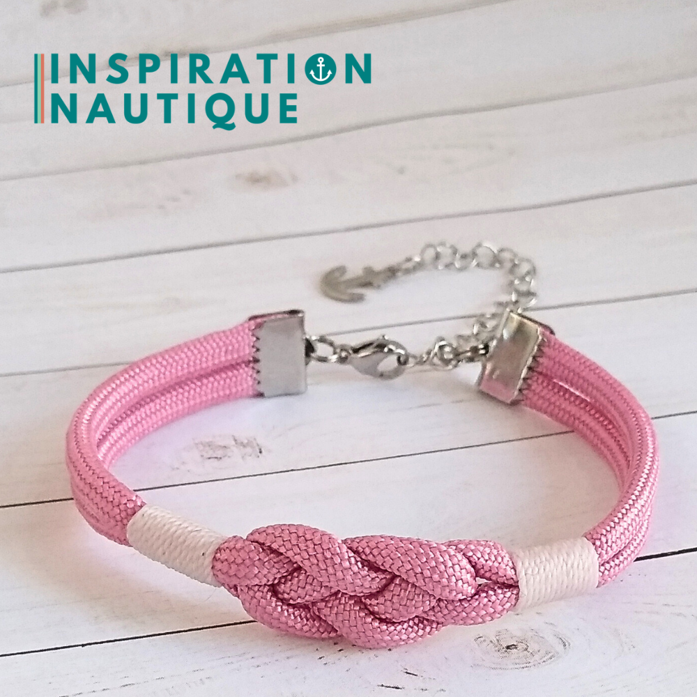 Bracelet marin avec noeud de carrick, unisexe, en paracorde 550 et acier inoxydable, Rose lavande, surliure blanche, Medium