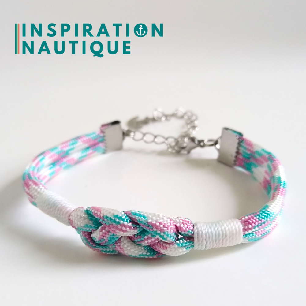 Bracelet marin avec noeud de carrick, unisexe, en paracorde 550 et acier inoxydable, Turquoise, rose et blanc, surliure blanche, Medium