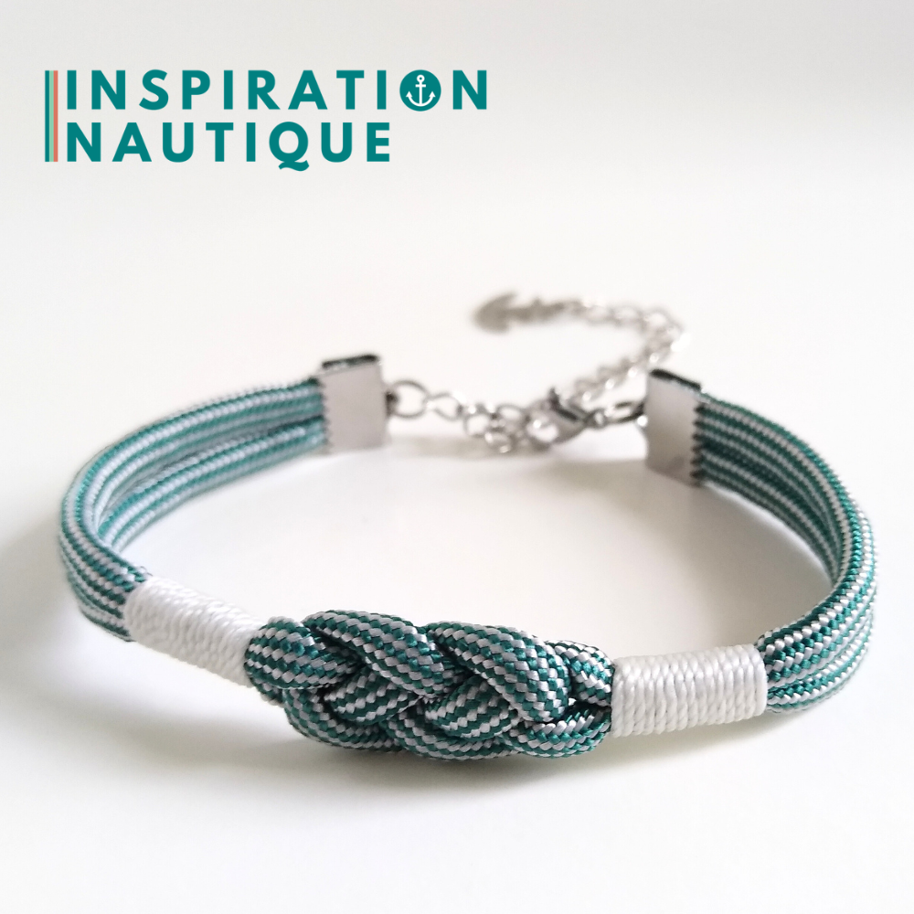 Bracelet marin avec noeud de carrick, unisexe, en paracorde 550 et acier inoxydable, Sarcelle et blanc ligné