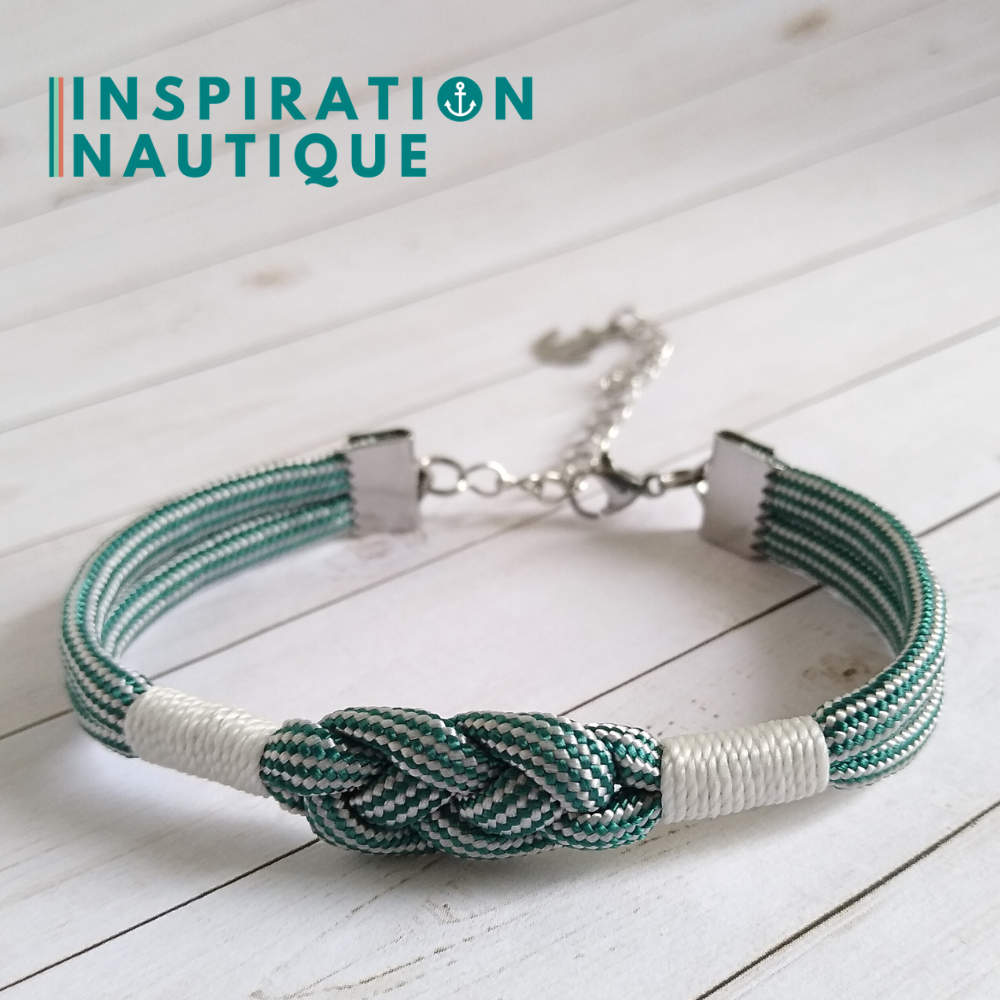Bracelet marin avec noeud de carrick, unisexe, en paracorde 550 et acier inoxydable, Sarcelle et blanc ligné