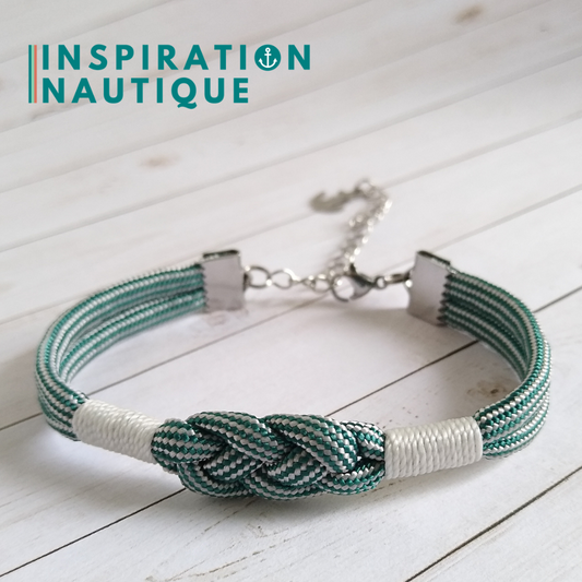Bracelet marin avec noeud de carrick, unisexe, en paracorde 550 et acier inoxydable, Sarcelle et blanc ligné