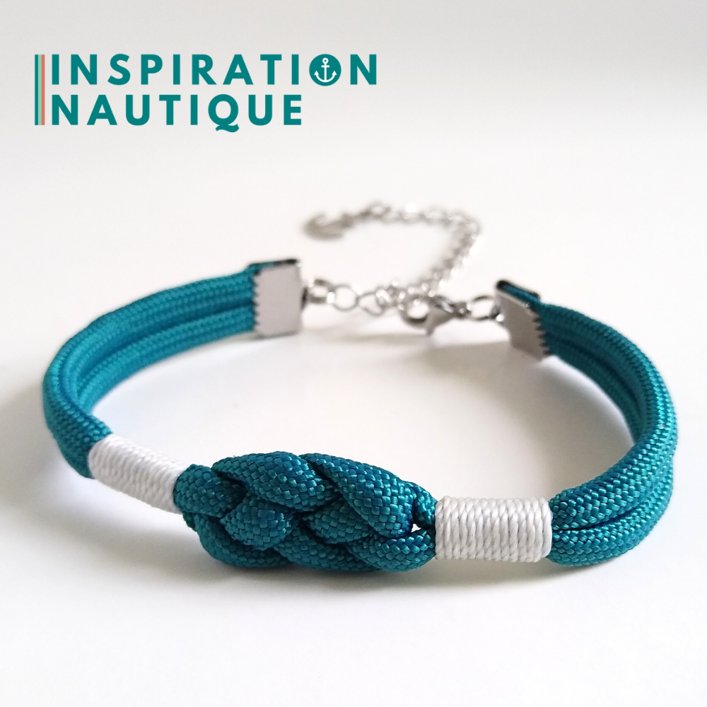 Bracelet marin avec noeud de carrick, unisexe, en paracorde 550 et acier inoxydable, Sarcelle doux, surliure blanche, Medium