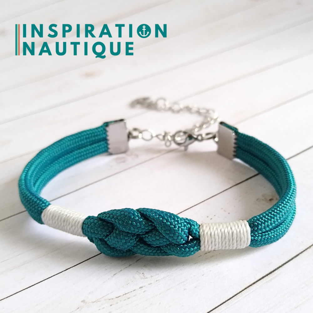 Bracelet marin avec noeud de carrick, unisexe, en paracorde 550 et acier inoxydable, Sarcelle doux, surliure blanche, Medium