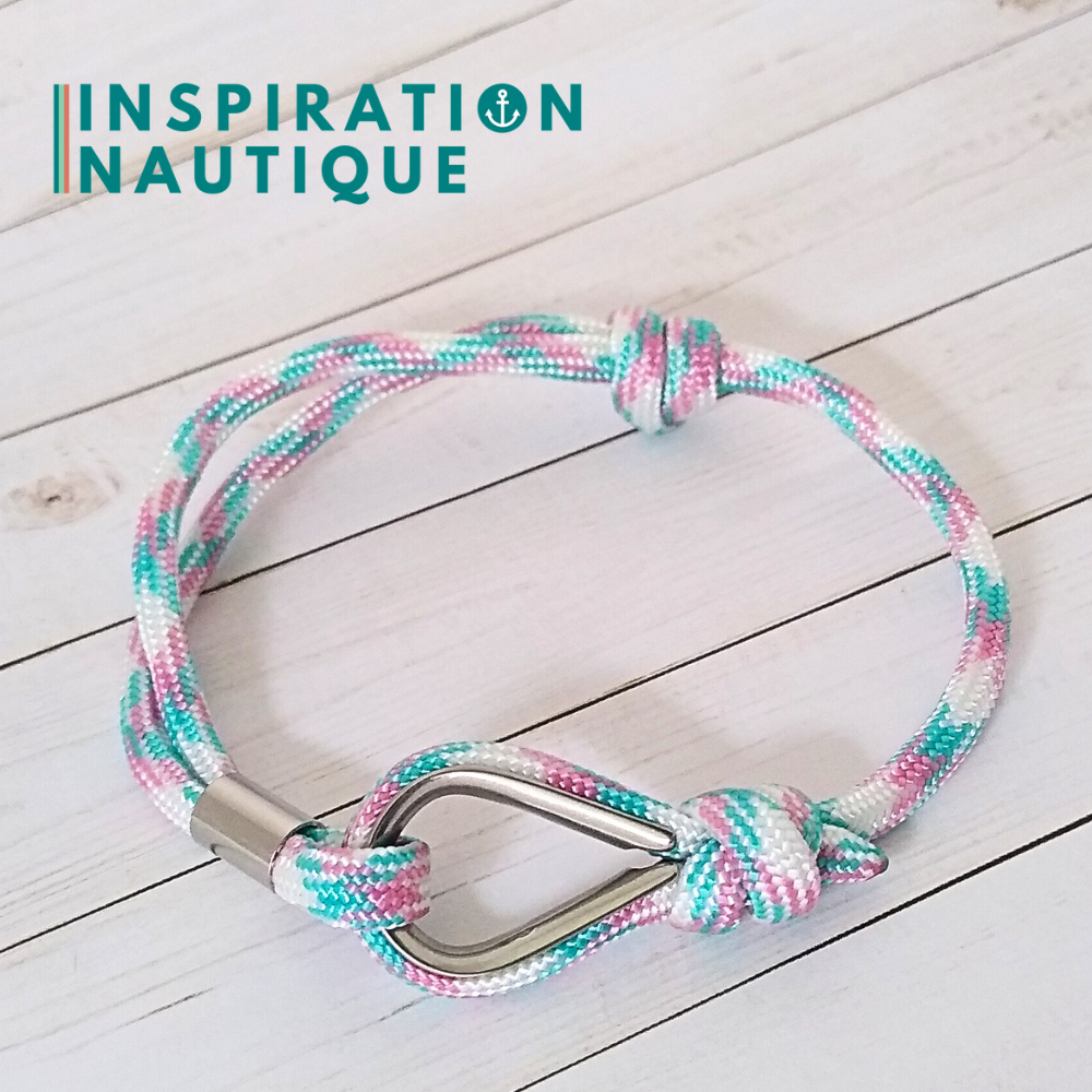 Bracelet marin avec cosse et noeud de pêcheur, Turquoise, rose et blanc, Medium