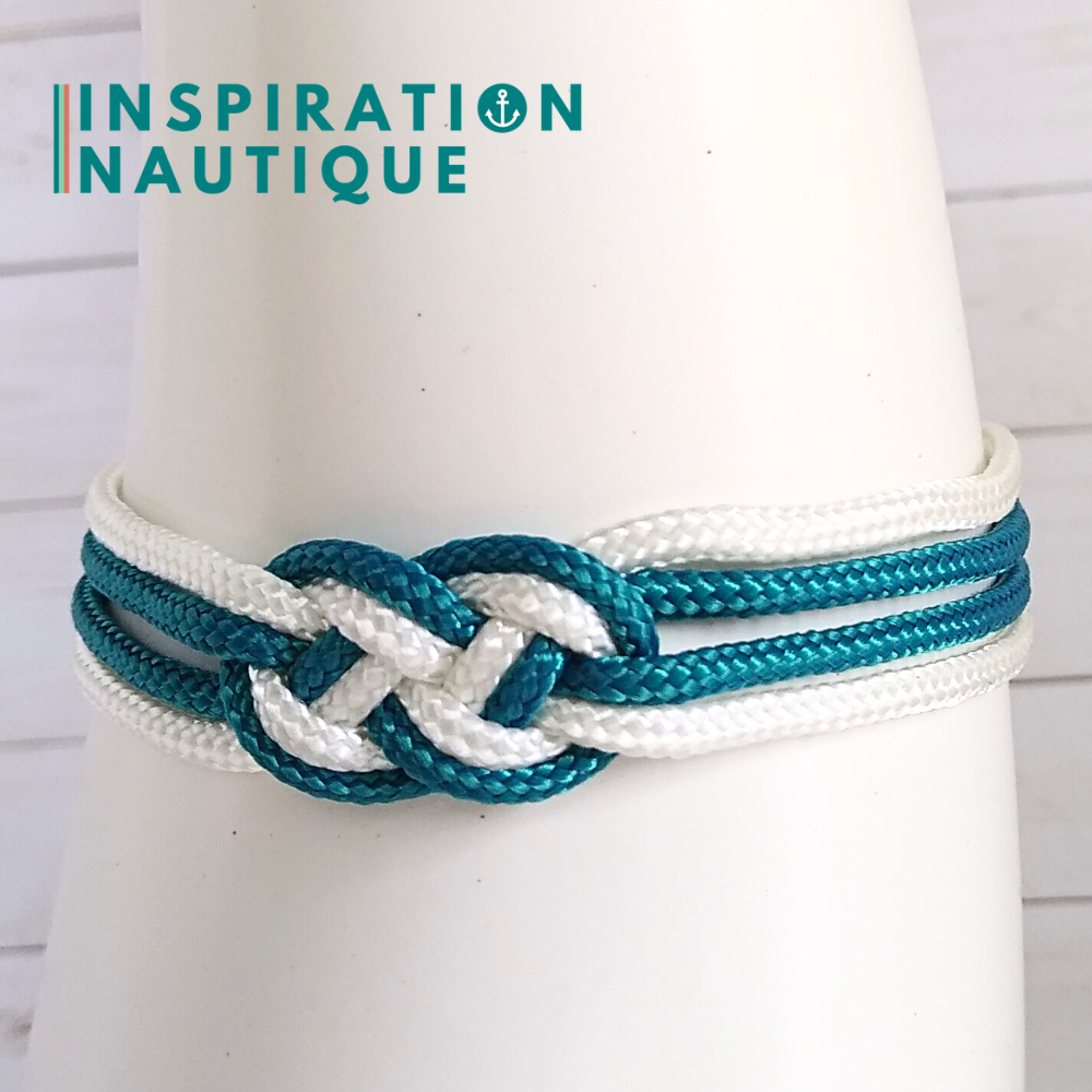 Bracelet marin avec mini noeud de carrick double, Sarcelle et blanc, Medium