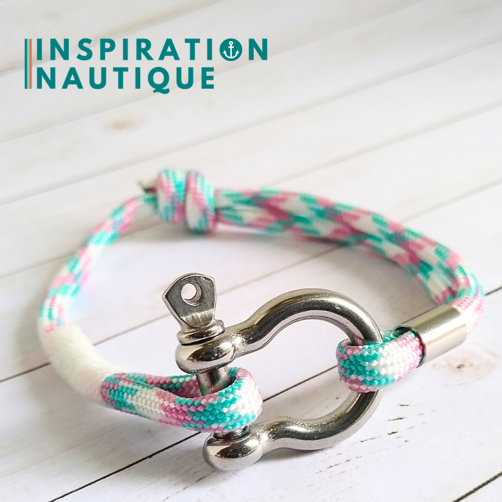 Bracelet marin avec manille en paracorde 550 et acier inoxydable, ajustable, Turquoise, rose et blanc, surliure blanche, Medium