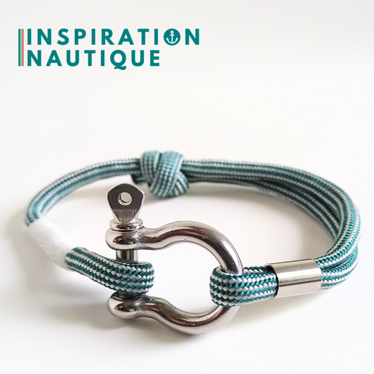 Bracelet marin avec manille en paracorde 550 et acier inoxydable, ajustable, Sarcelle et blanc ligné, surliure blanche, Medium