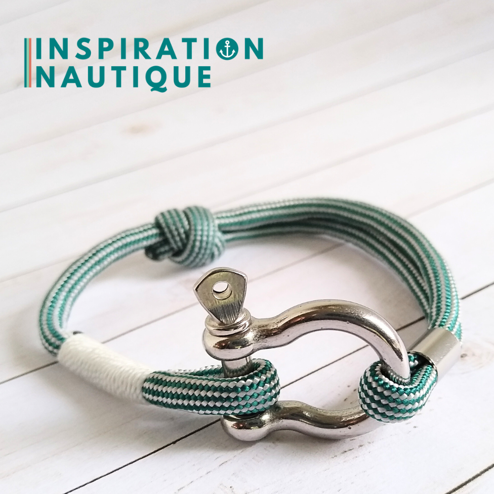 Bracelet marin avec manille en paracorde 550 et acier inoxydable, ajustable, Sarcelle et blanc ligné, surliure blanche, Medium