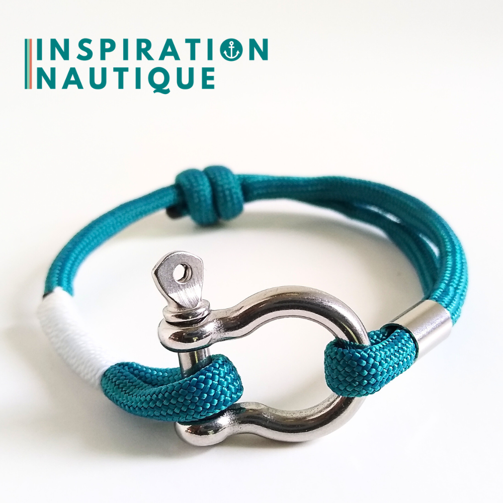 Bracelet marin avec manille en paracorde 550 et acier inoxydable, ajustable, Sarcelle doux, surliure blanche, Small
