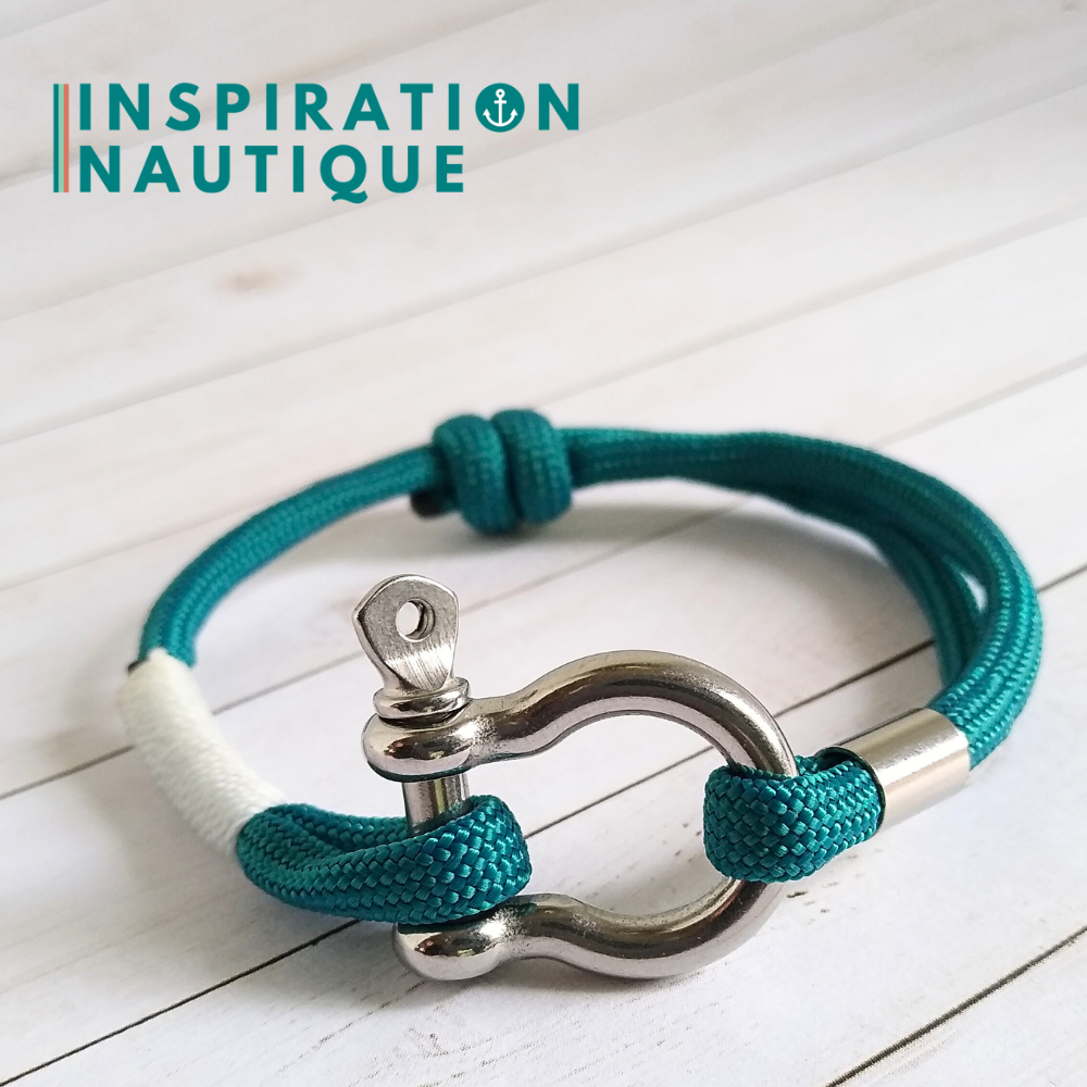 Bracelet marin avec manille en paracorde 550 et acier inoxydable, ajustable, Sarcelle doux, surliure blanche, Small