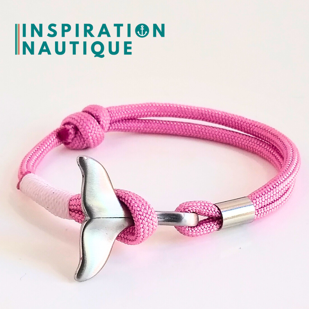 Bracelet marin avec queue de baleine en paracorde 550 et acier inoxydable, ajustable, Rose lavande, surliure blanche, Medium