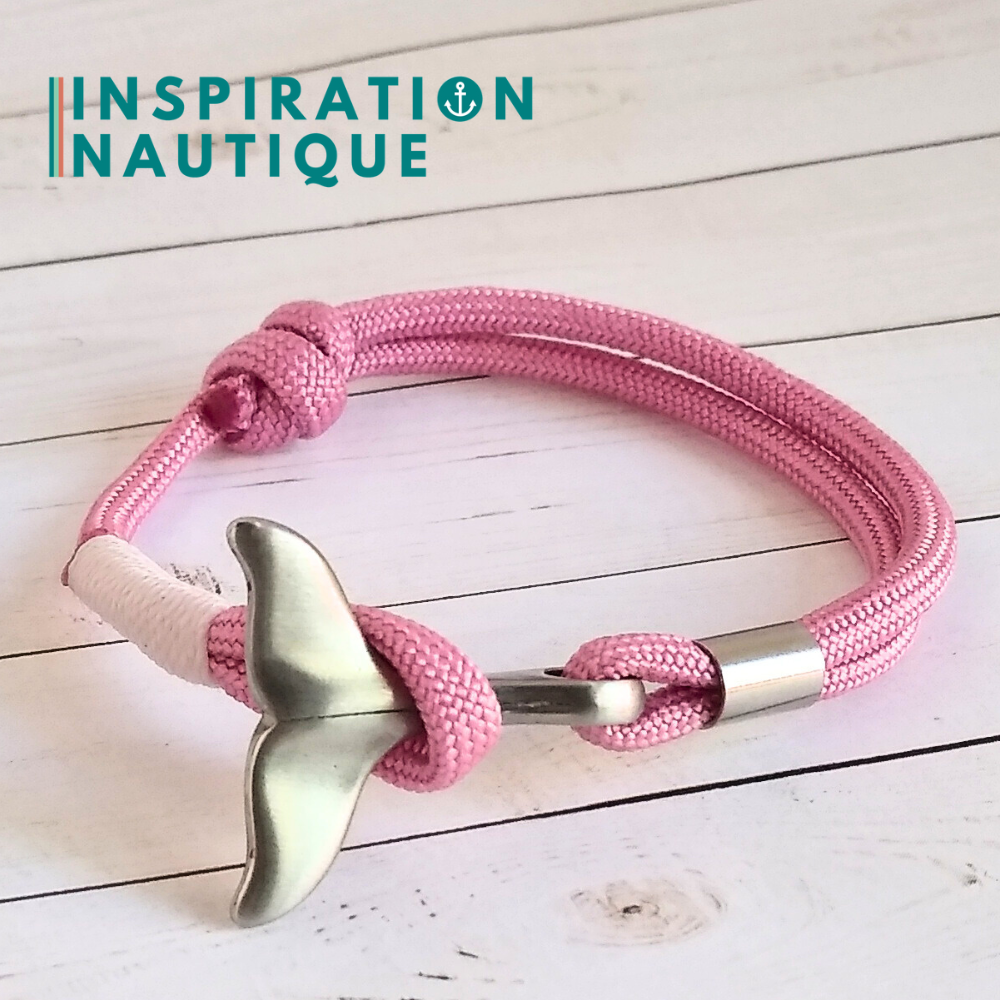Bracelet marin avec queue de baleine en paracorde 550 et acier inoxydable, ajustable, Rose lavande, surliure blanche, Medium