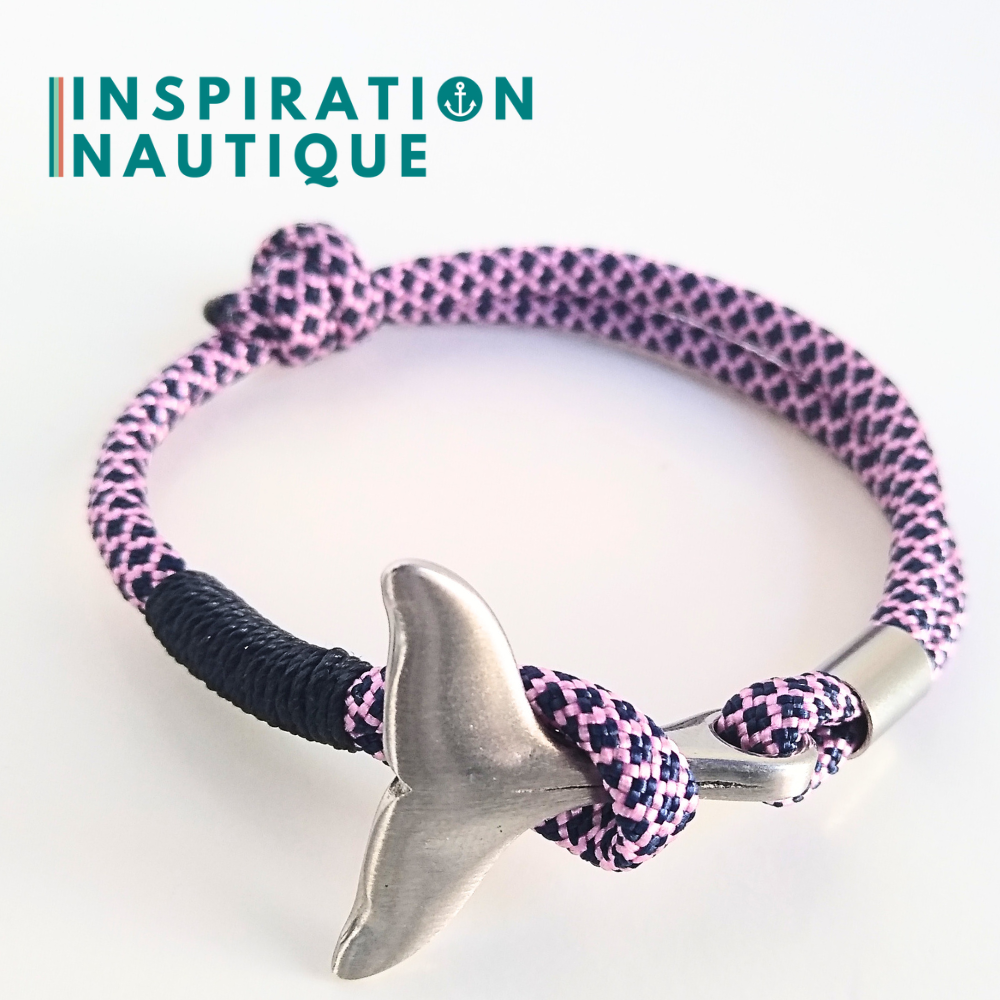 Bracelet marin avec queue de baleine en paracorde 550 et acier inoxydable, ajustable, Marine et rose, diamants, surliure marine, Medium