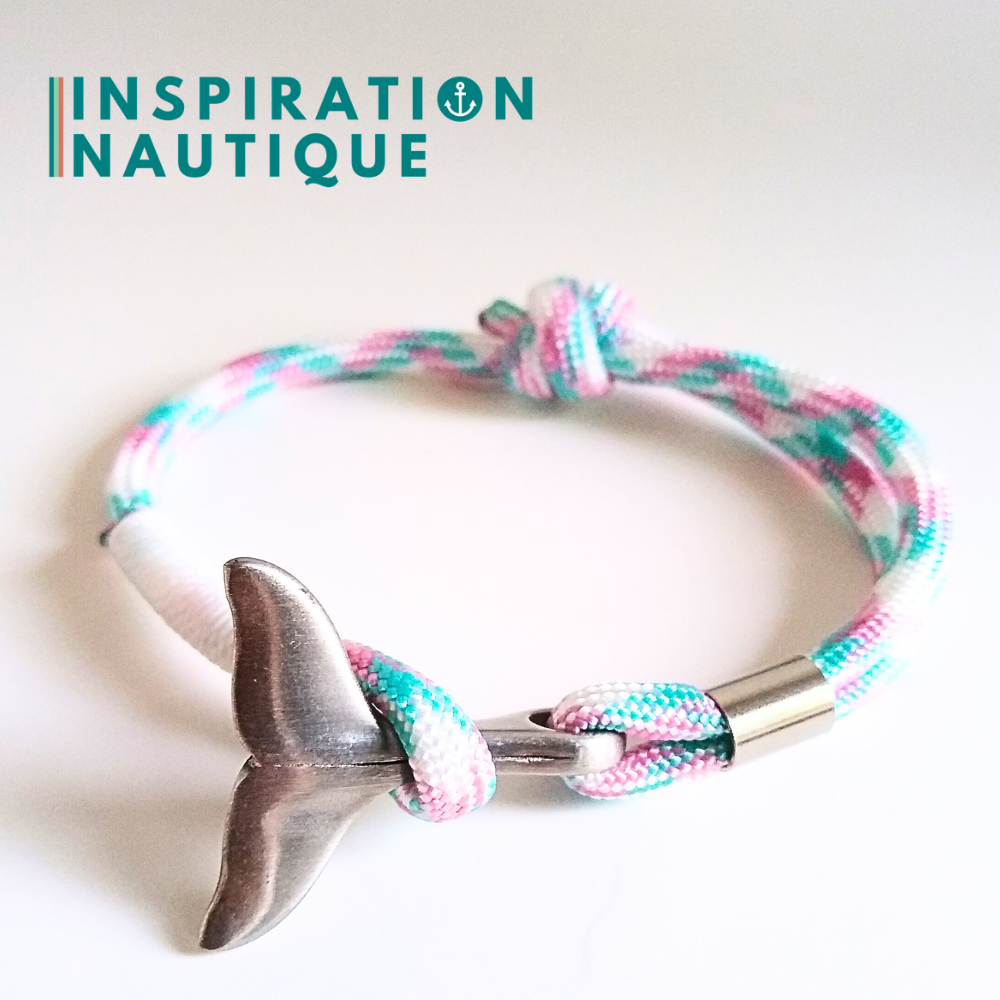 Bracelet marin avec queue de baleine en paracorde 550 et acier inoxydable, ajustable, Turquoise, rose, blanc, surliure blanche, Medium