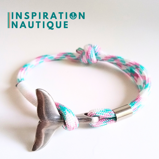 Bracelet marin avec queue de baleine en paracorde 550 et acier inoxydable, ajustable,  Turquoise, rose, blanc, surliure blanche, Medium